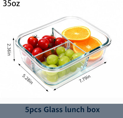 Glass Meal Prep Containers 5 Pack - Lunch Boxes with Leakproof Lids, Food Storage Containers, Bento Boxes, Gray (3 Compartment)