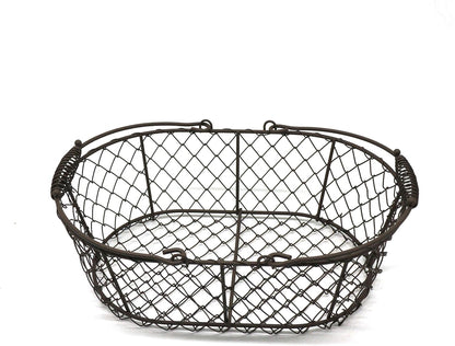 CVHOMEDECO. Oval Metal Wire Egg Basket Wire Fruit Basket with Handle Primitives Vintage Style Storage Basket. Rusty, 11 X 7-1/4 X 3-1/2 Inch