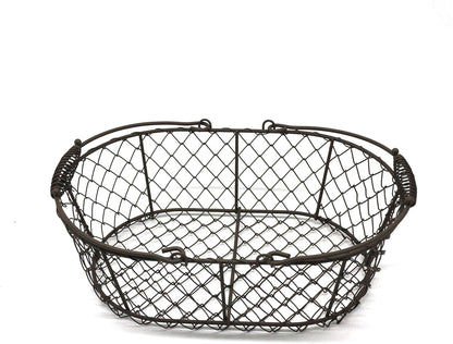 CVHOMEDECO. Oval Metal Wire Egg Basket Wire Fruit Basket with Handle Primitives Vintage Style Storage Basket. Rusty, 11 X 7-1/4 X 3-1/2 Inch