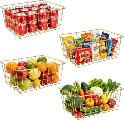 White Wire Storage Baskets,11.1"x8.7"x4.7"Wire Freezer Storage Organizer Bins Farmhouse Metal Freezer Basket with Handles for Cabinets, Pantry, Closets, Bedrooms,White,4 Pack
