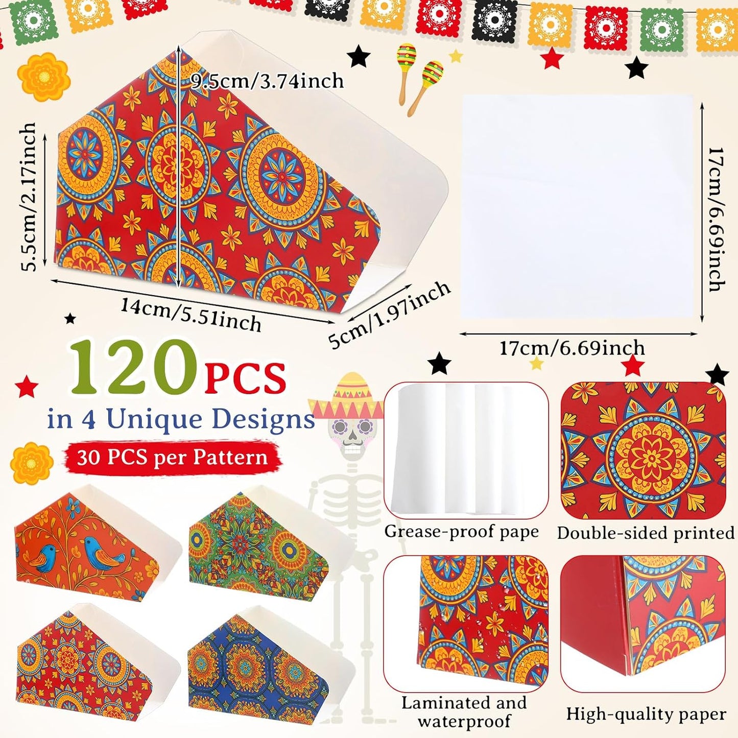 Qinyoung 120 Sets Disposable Taco Holders Bulk with Greaseproof Fiesta Paper Holder Shells Stand Rack Tray Stand up Nacho Holder Party Snack for Taco Tuesday Nights Party Supplies(5.5×2×2.2 Inches)