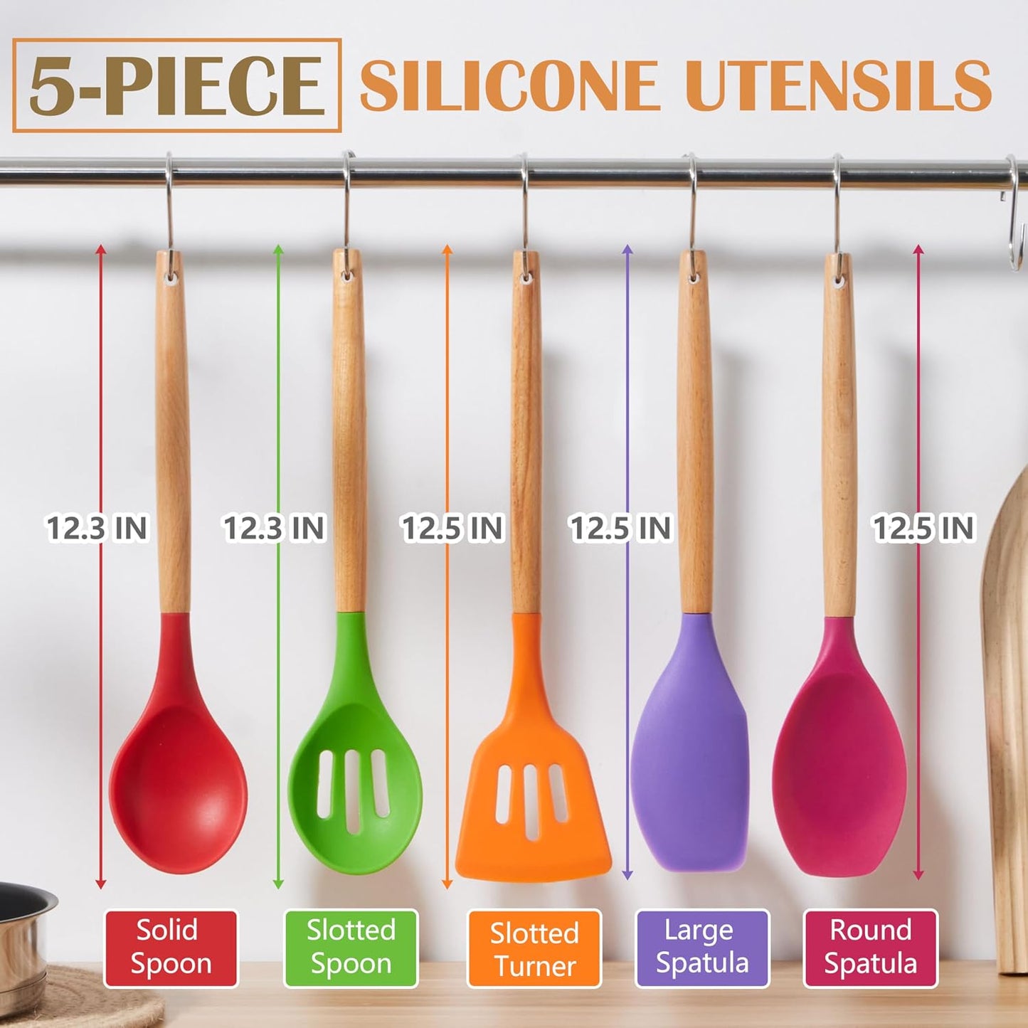 E-far Silicone Cooking Utensils Set, 5-Piece Kitchen Utensils Set with Wooden Handle for Cooking, Silicone Kitchen Nonstick Tools Spatula Turner Slotted Spoons, Nontoxic & Heat Resistant-Khaki