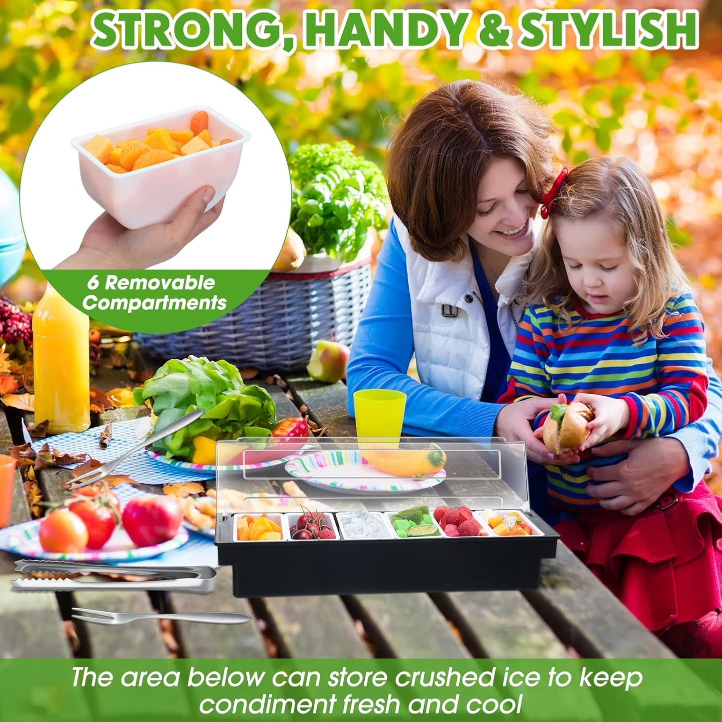 2 Ice Cooled Garnish Tray Deck Bar Garnish Caddy Condiment Containers with Lids and Removable Chilled Condiment Server with 6 Tongs and 6 Fruit Forks (6 Compartments)