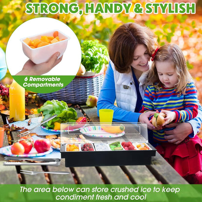 2 Ice Cooled Garnish Tray Deck Bar Garnish Caddy Condiment Containers with Lids and Removable Chilled Condiment Server with 6 Tongs and 6 Fruit Forks (6 Compartments)
