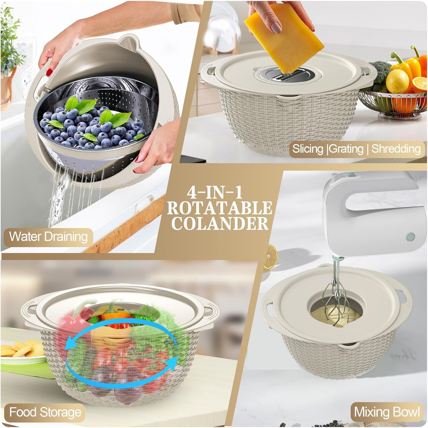 4-in-1 Colander with Bowl Set — Patented 360° Rotatable Strainer Bowl with 3 Graters, Snap-On Lid & Non-Slip Base, Funny Kitchen Present for Women, Aesthetic Pasta Fruit Vegetable Strainer (Beige)