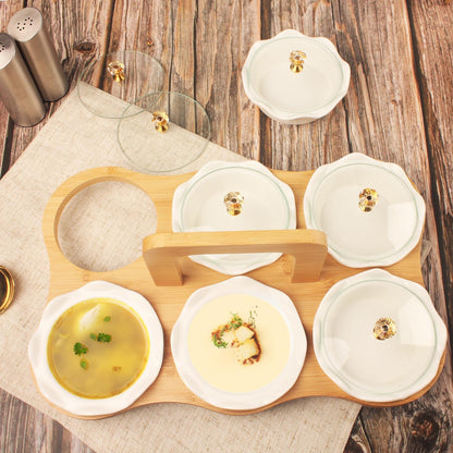 Ceramic Serving Bowls with glass Lids and metal Platter, 3 Removable Dipping Bowls Relish Tray Nuts Dishes for Appetizer, Fruits, Candy & Condiment, Perfect for Party Entertainment