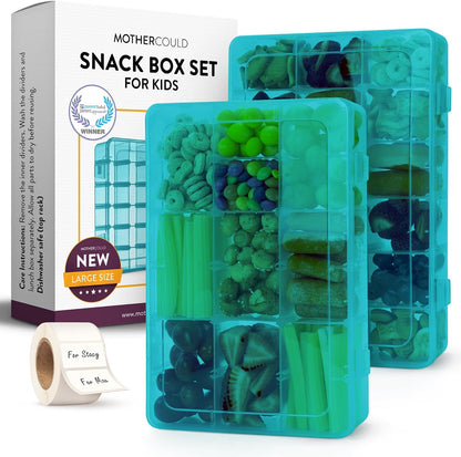 Large Kids Snack Box Containers Set of 2 -100 Labels, BPA-Free, Adjustable Compartments, Dishwasher Safe, Reusable Tray, Food Grade, Meal Prep Container, PARENT TESTED PARENT APPROVED AWARD (Clear)