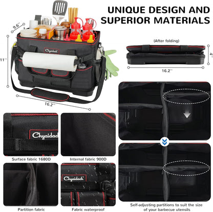 Chyaidach Large Grill Caddy with Hard Bottom, Portable Foldable Griddle Organizer for Blackstone Accessories, Tailgate Essentials, Perfect for Outdoor Grilling, RV, Camping & Grill Gifts for Men