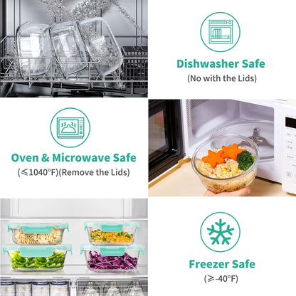 34pcs Glass Food Storage Containers with Lids Set, Airtight Glass Meal Prep Containers (17 Containers & 17 Lids), Leak Proof Lunch Container BPA-Free, Microwave, Oven, Freezer, Dishwasher Safe-Blue