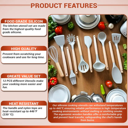 “37-Piece Silicone Kitchen khaki Utensil Set – Food-Grade Nonstick Cooking Tools with Wooden Handles, Measuring Cups & Spoons, Tongs, Spatulas, Ladle, Oven Mitt & Holder – Heat Resistant & BPA Free”