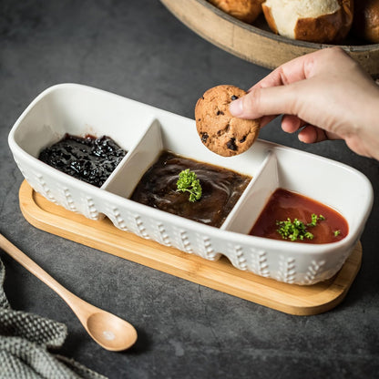 Miamolo 3 Compartment Condiment Tray, Chip and Dip Bowl with Wooden Serving Tray, Perfect for Snacks, Appetizers, Charcuterie, Chips, Candy, 10-inch Chip and Dip Serving Set for Parties