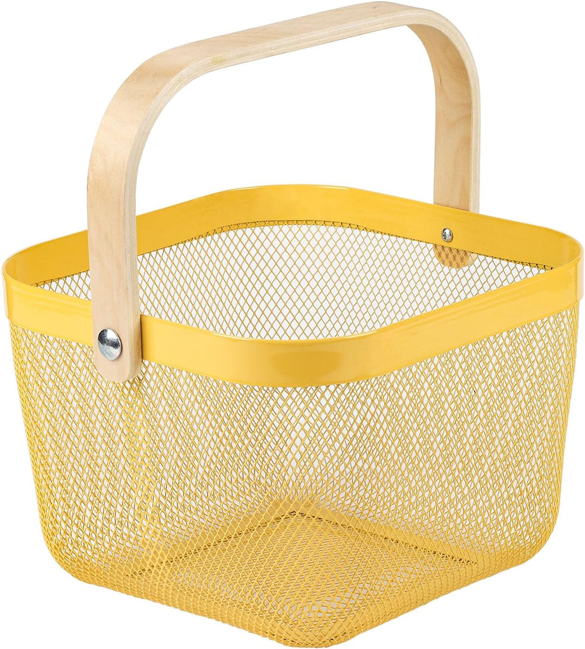 Coloful Metal Mesh Wire Basket with Foldable Wooden Handle,Bin Garden Fruit Vegetable Storage Hanging Harvest Holder for Kitchen Bathroom Picnic (Yellowish Green, Cuboid-15.7 x 9.5 x 7.2“)