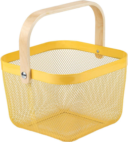 Coloful Metal Mesh Wire Basket with Foldable Wooden Handle,Bin Garden Fruit Vegetable Storage Hanging Harvest Holder for Kitchen Bathroom Picnic (Yellowish Green, Cuboid-15.7 x 9.5 x 7.2“)
