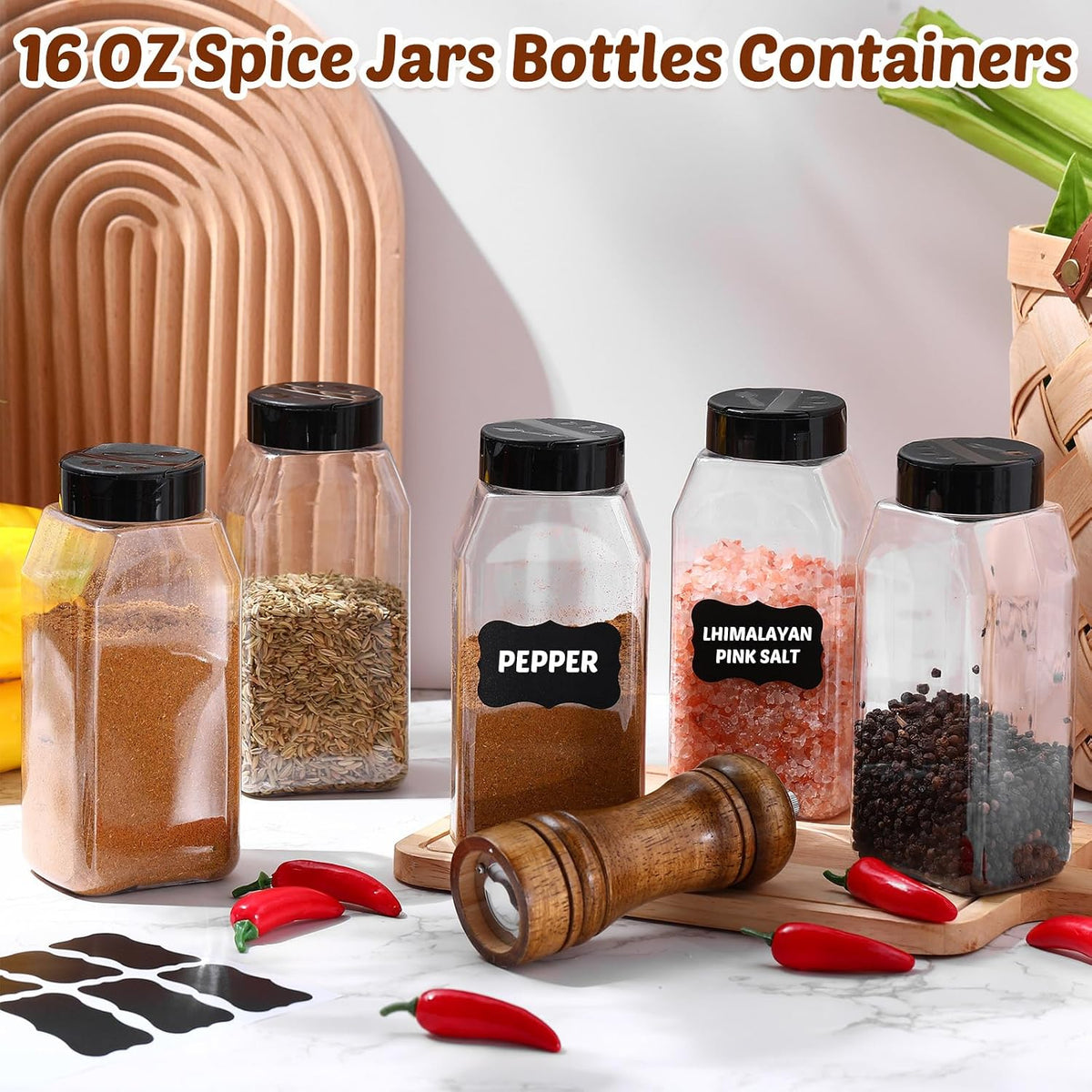 Mifoci 28 Pack 16 oz Black Plastic Spice Jars with Cap
