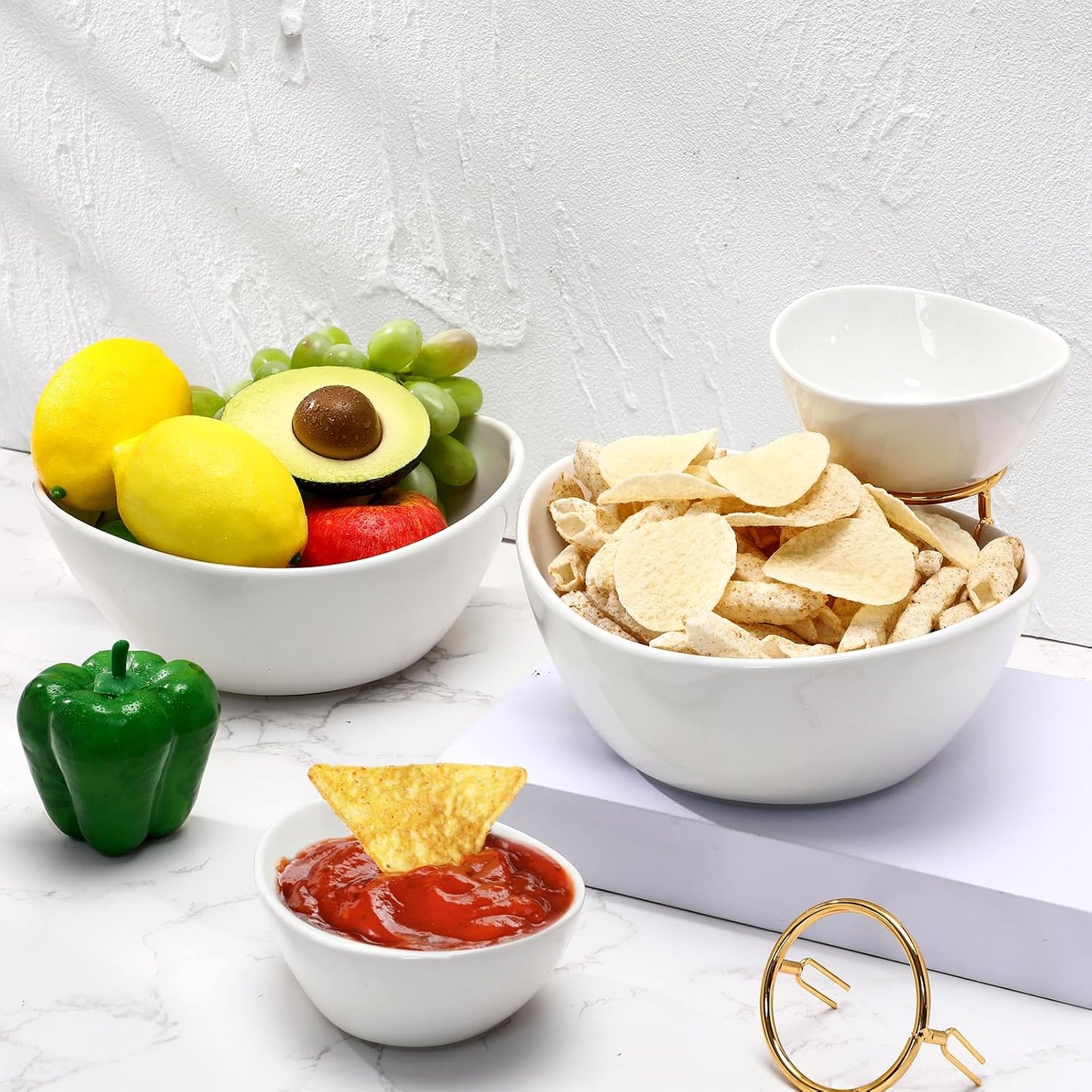 2 Set Chip and Dip Serving Set 2 Tier Chip and Dip Serving Dish Porcelain Appetizer Bowl and Platter with Stand for Food Taco Bar Salad Display Dessert Entertaining Party(Black,Classic Style)