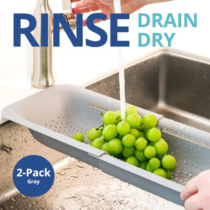 BLUE GINKGO Over the Sink Colander Strainer Basket - Wash Vegetables and Fruits, Drain Cooked Pasta and Dry Dishes - Extendable - New Home Kitchen Essentials (Grey, 1 Pack)