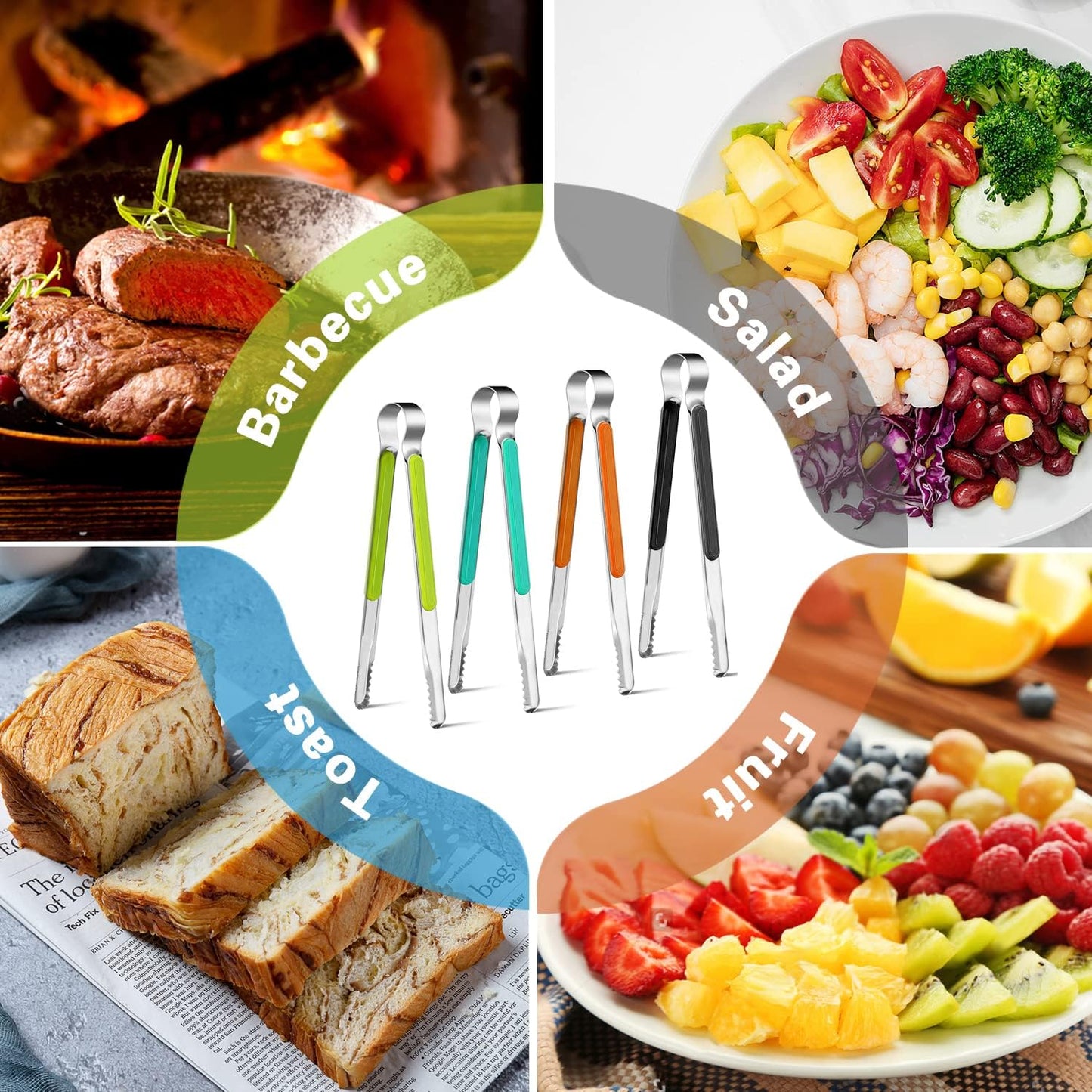 4Pcs Stainless Steel Kitchen Tongs for Cooking - 10" Metal Food Tongs With Non-Slip Comfort Grip, Non-Stick, High Heat Resistant for BBQ, Grilling and Serving