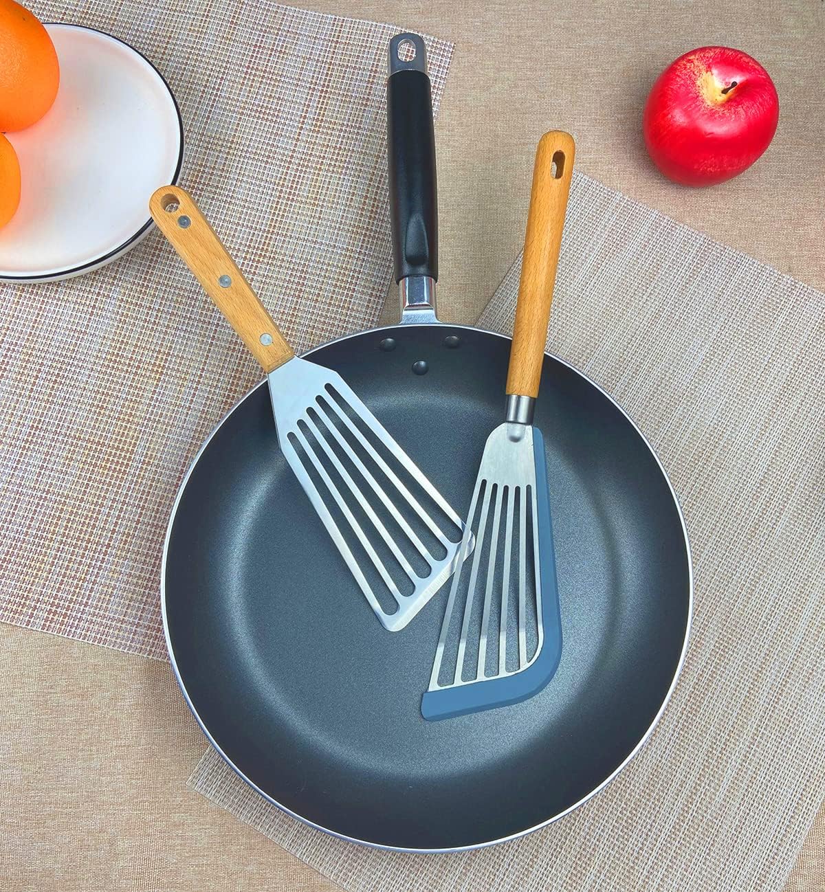 KLAQQED Spatula Set Stainless Steel Kitchen Metal Spatula for Cast Iron Skillet with Silicone Handle, Fish Spatula Turner Flipper for Pancake Burger Egg Cooking Spatulas BBQ Grill Griddle