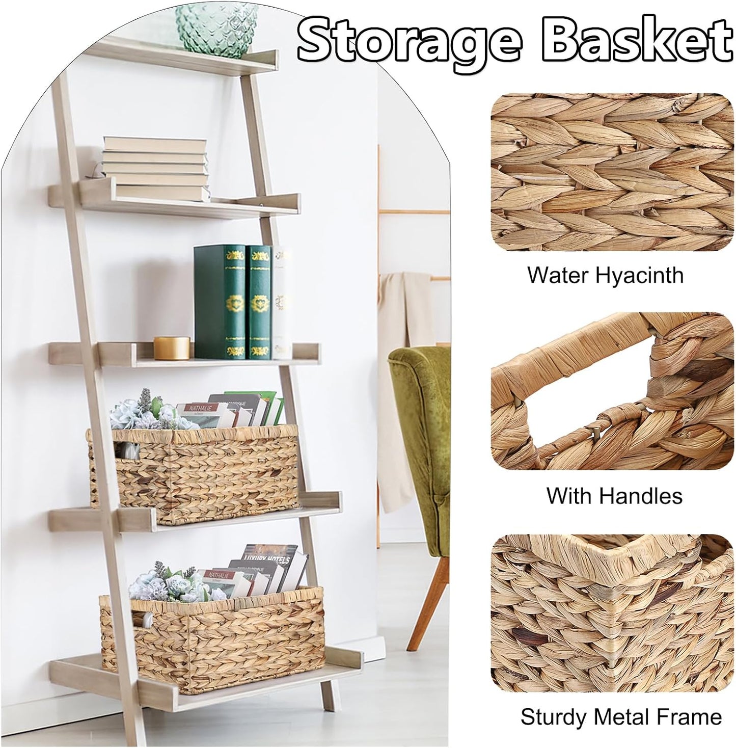Hipiwe Water Hyacinth Storage Basket Bin Handwoven Decorative Basket Large Wicker Baskets Box with Handles Open Storage Bin Rectangular Baskets Containers for Shelf Pantry Organizing