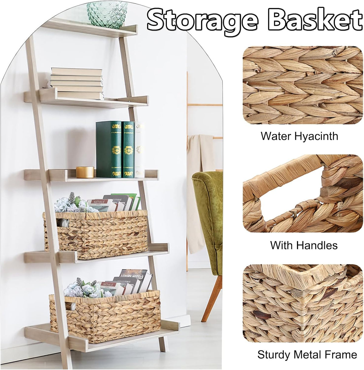 Hipiwe Water Hyacinth Storage Basket Bin Handwoven Decorative Basket Large Wicker Baskets Box with Handles Open Storage Bin Rectangular Baskets Containers for Shelf Pantry Organizing
