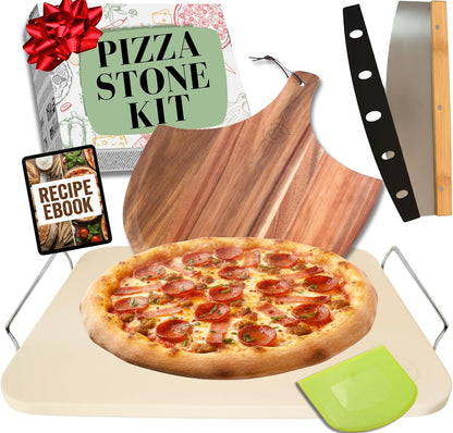 Pizza Stone for Oven and Grill Set - 5PCS Pizza Making Accessories Kit - 15 inch Pizza Stone with Handles, Pizza Peel, Pizza Cutter, Dough Tool - Baking Stone for Bread - Large Rectangular Oven Stones