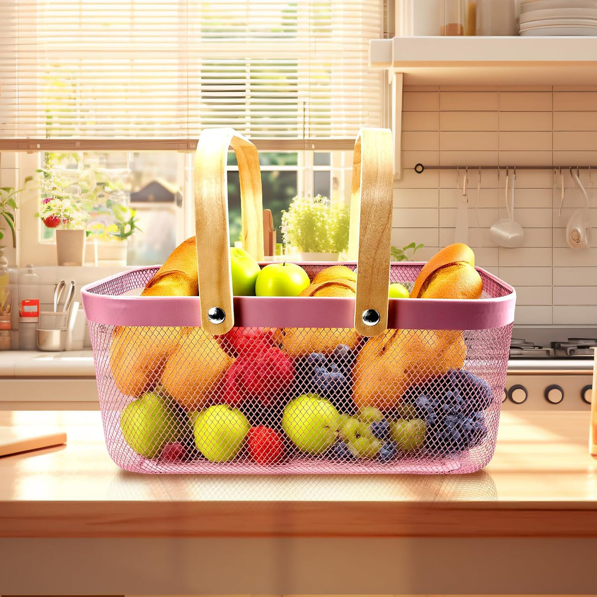 Cheardia 2 Pack Picnic Baskets, Metal Mesh Harvest Basket with Foldable Wooden Handle, Rectangle Garden Storage Basket Bin for Vegetable Fruit Garden Kitchen Cabinet Picking Gathering