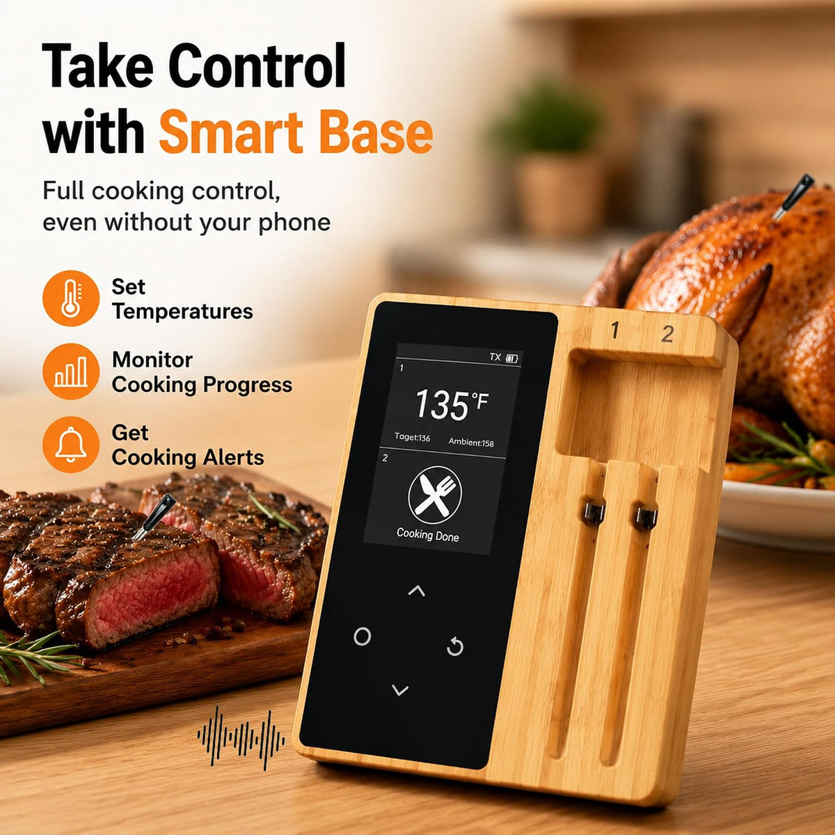 Wireless Bluetooth Meat Thermometer with Wooden Display Base, Dual Probe Leave-in Cooking Thermometer for Thick Cuts, BBQ Grill Smoker Oven Air Fryer, App Alerts, Birthday Gift for Men & BBQ Lovers