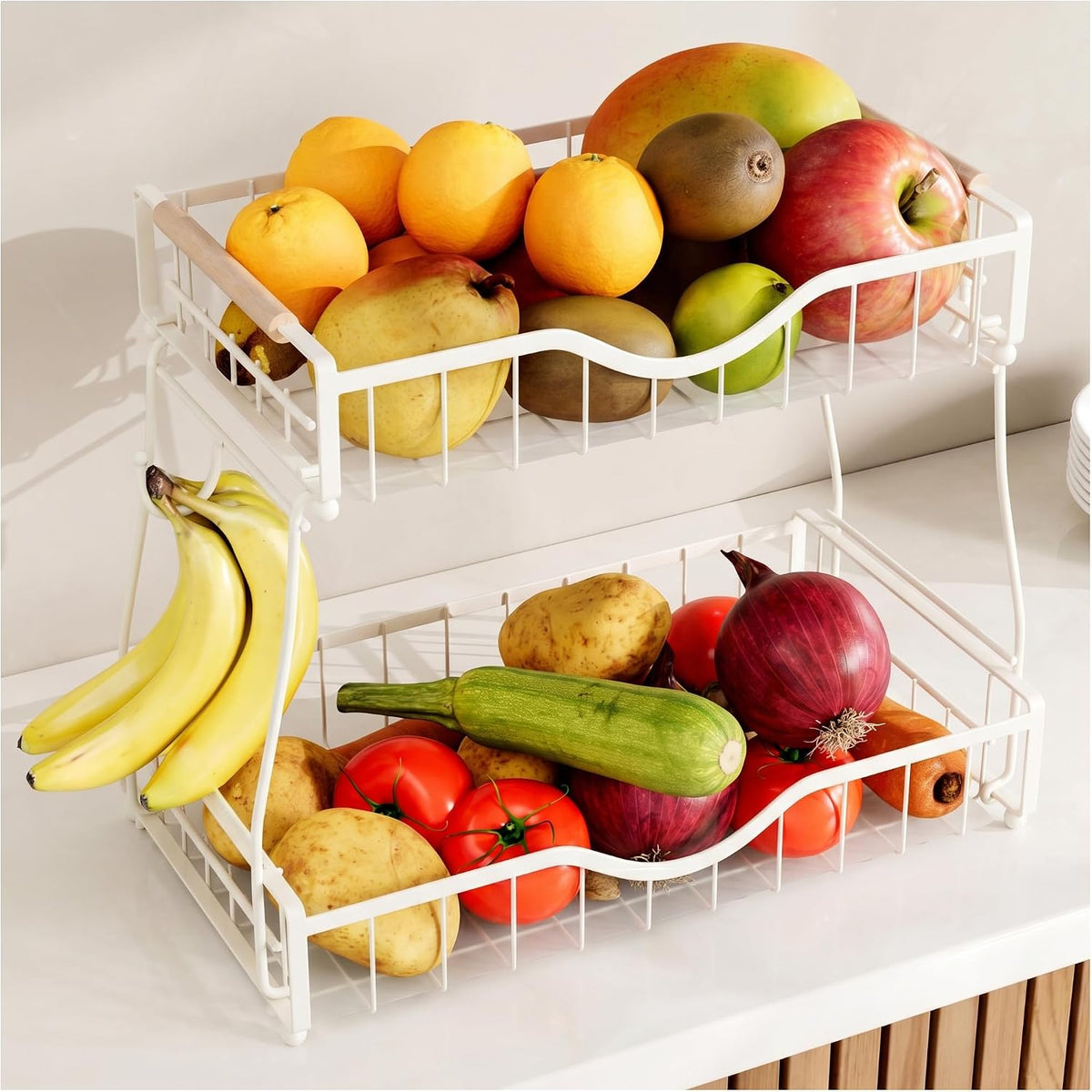 3 Tier Fruit Basket for Kitchen Countertop with 2 Banana Hangers,Detachable Metal Fruit Bowl with Wooden Handles and Protective Pads,Large Capacity Fruit and Vegetable Basket Organizer,Black