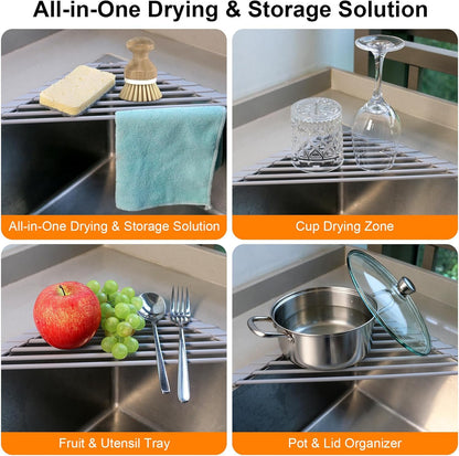 Corner Sink Caddy Triangle Dish Drying Rack for Sink Corner, Sponge Holder Roll Up Dish Drying Rack Over The Sink, Stainless Steel Kitchen Sink Organizer Drainer Mat Sponge Caddy for Counter Storage