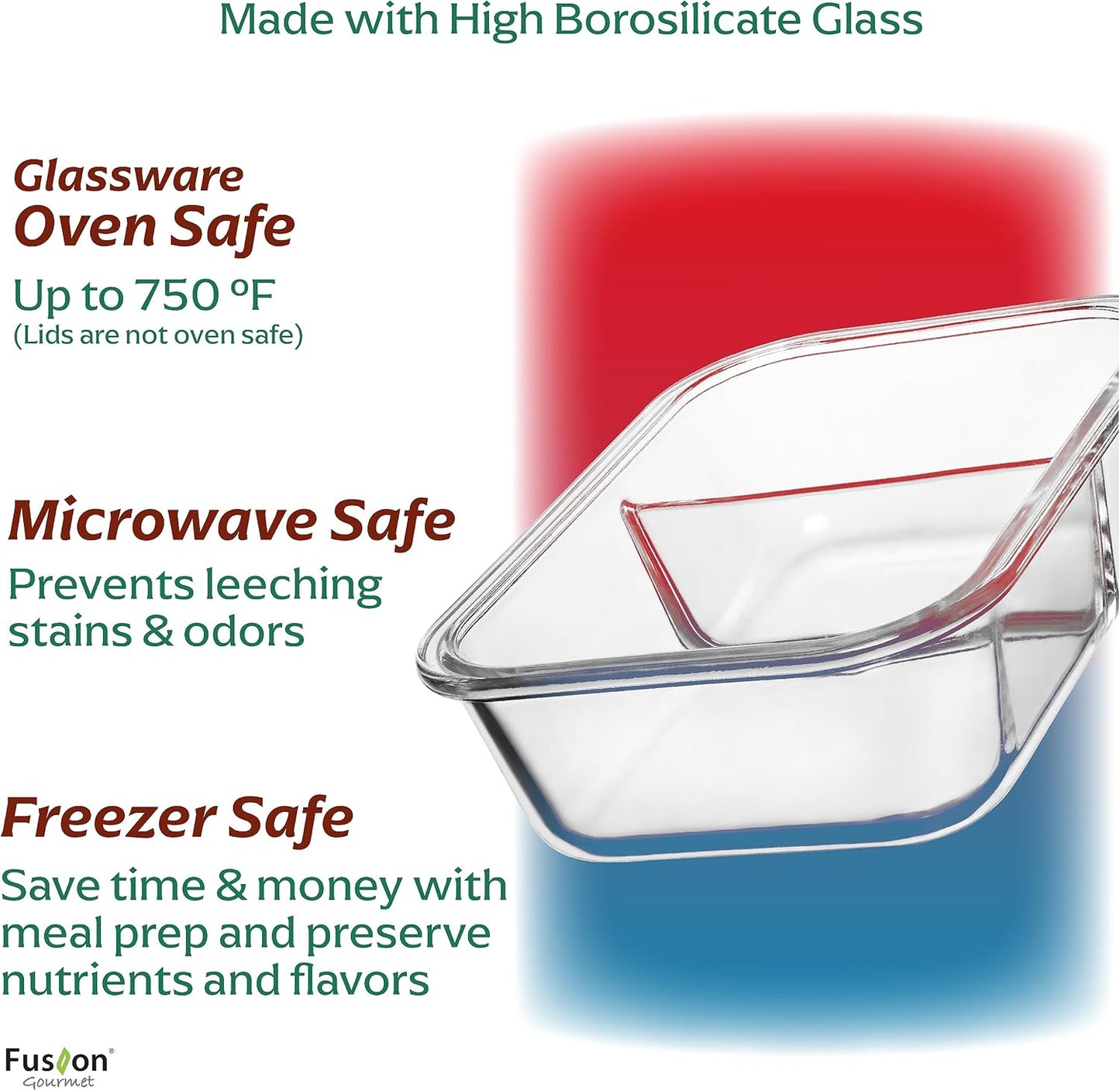 Fusion Gourmet 8 Pack 35 oz Glass Storage Containers with Lids - Airtight, Leakproof, Oven, Microwave & Freezer Safe, Stain & Odor Resistant, Reusable Meal Prep Containers (16-Piece)