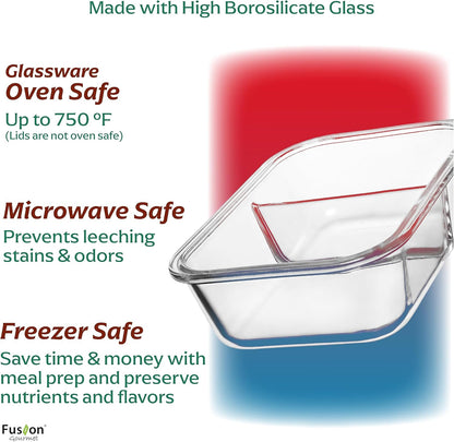 Fusion Gourmet 8 Pack 35 oz Glass Storage Containers with Lids - Airtight, Leakproof, Oven, Microwave & Freezer Safe, Stain & Odor Resistant, Reusable Meal Prep Containers (16-Piece)