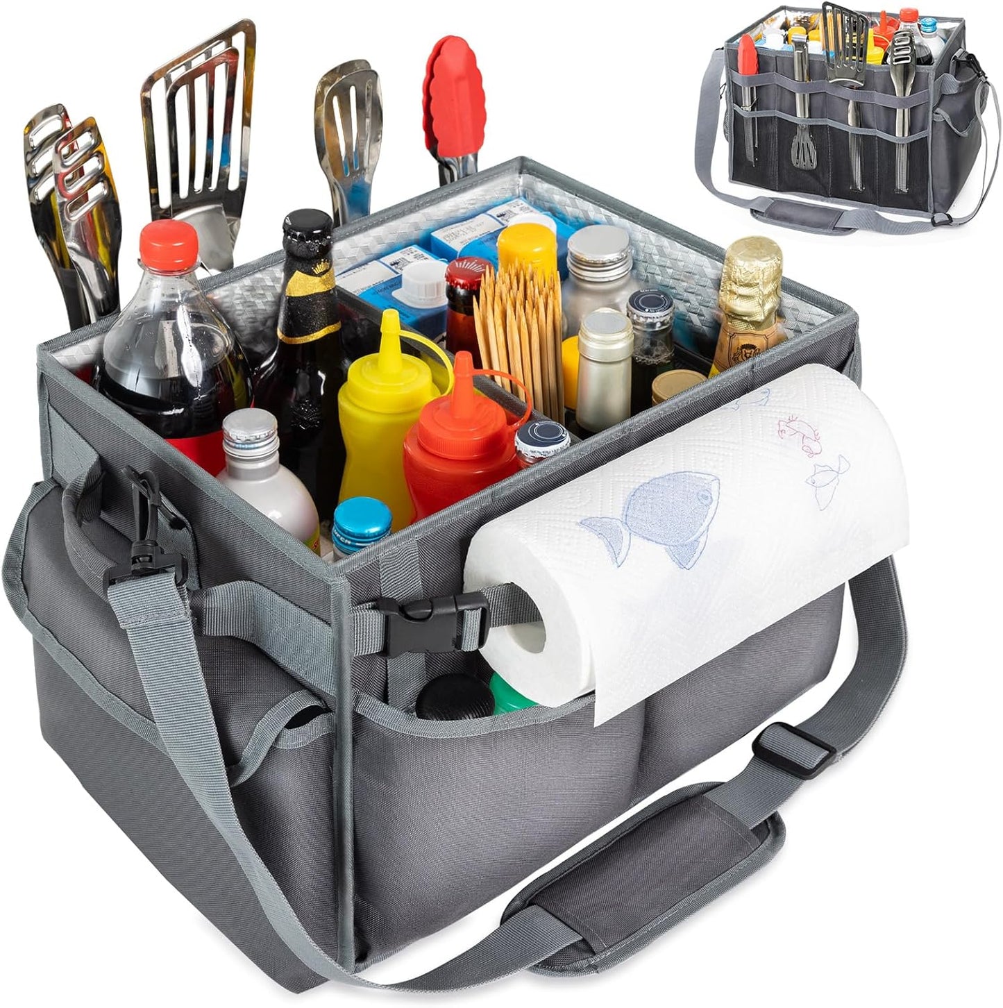 FREECOLSH Black Waterproof Caddy, 16" x 11" x 11", with Detachable Strap and Shoulder Pad for Carrying Utensils and Camping Supplies