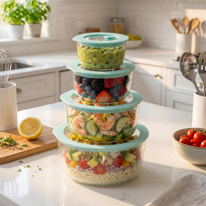 Urban Green Glass Food Container Set with Glass Lid, 5 Pack, Meal Prep Containers with Silicone Framed Airtight Lid, Leakproof, 100% Plastic Free