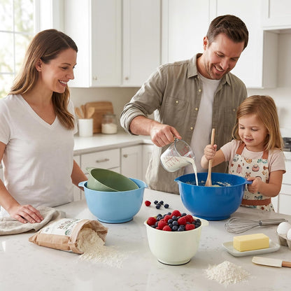 BoxedHome Nesting Plastic Mixing Bowl Set With Pour Spout, Microwave and Dishwasher Safe, BPA free Non-Slip Base, Set of 4 Size 1.7, 2.5, 3.5 and 4.5qt, Great for Prepping, Baking, Cooking (Dark Blue)