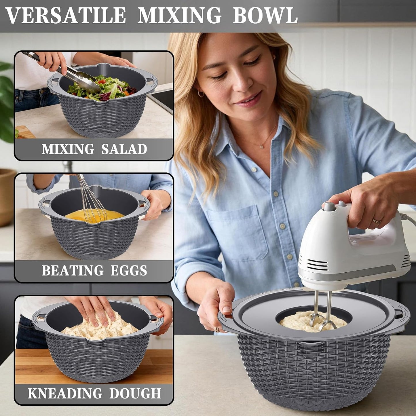 4-in-1 Colander with Bowl Set — Patented 360° Rotatable Strainer Bowl with 3 Graters, Snap-On Lid & Non-Slip Base, Funny Kitchen Present for Women, Aesthetic Pasta Fruit Vegetable Strainer (Beige)