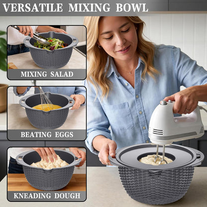 4-in-1 Colander with Bowl Set — Patented 360° Rotatable Strainer Bowl with 3 Graters, Snap-On Lid & Non-Slip Base, Funny Kitchen Present for Women, Aesthetic Pasta Fruit Vegetable Strainer (Beige)