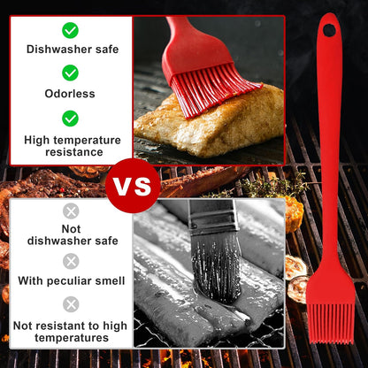 BBQ Master 4-Piece Grill Cleaning Kit, Heavy Duty Wire Brush and Scraper Set with Silicone Basting Brushes, Black and Red, 8.22 Inch Length, for Gas and Charcoal Grills