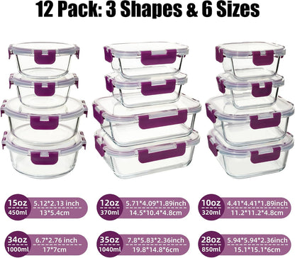 12 Pack Glass Food Storage Containers Set, Glass Meal Prep Containers with Lids, Airtight Lunch Containers, Dishwasher Safe, purple