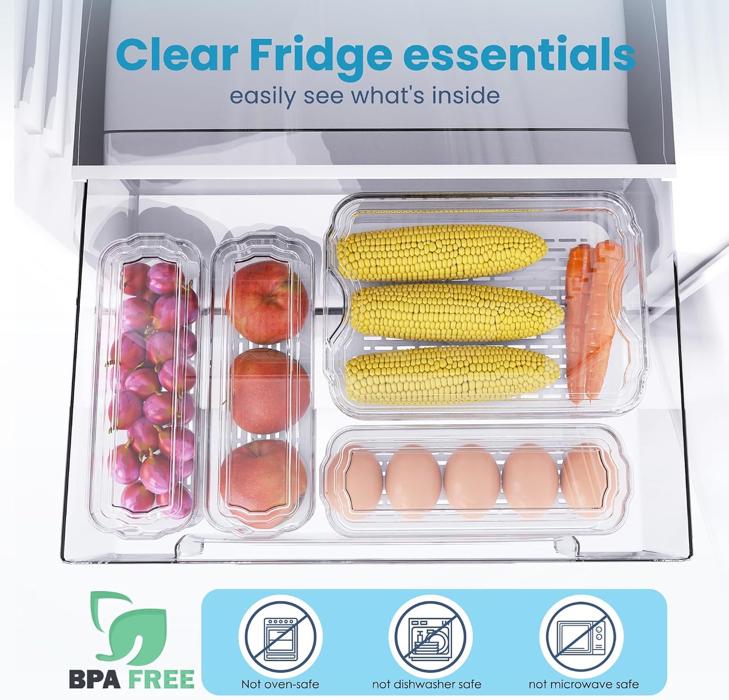 SMRCAD 8 Pack Refrigerator Organizers, Clear Pull-out Drawer Container and Organizer Bins with Lids, Stackable Storage Containers for Fruits, Vegetable (Set of 8 (Include Pull Out Drawer))