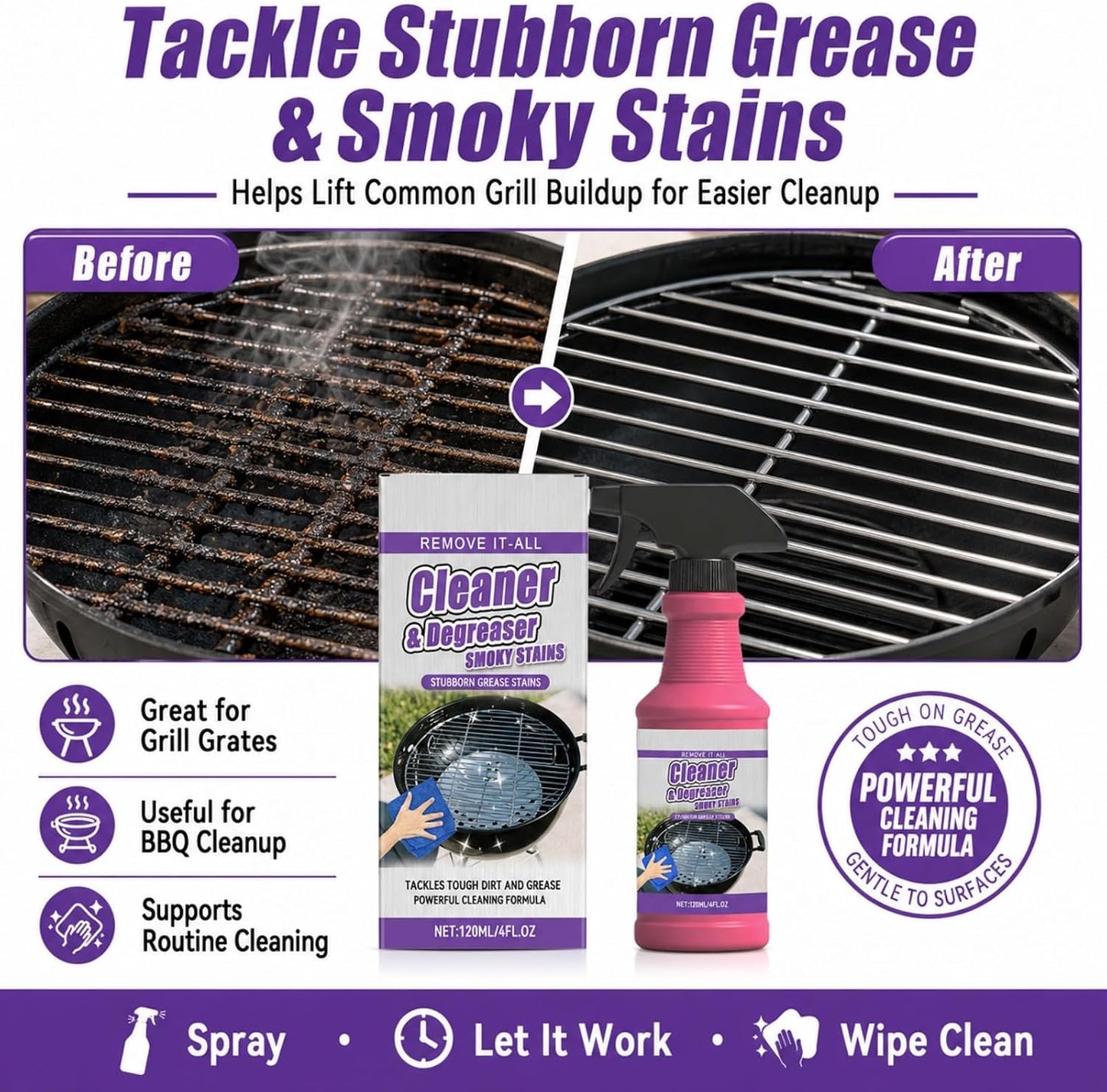 Cleaner and Degreaser for Grill, Fast-Acting Heavy-Duty Grill Degreaser Spray, BBQ Grill Cleaner for Outdoor Grills, Grease Remover for Grates, Smoky Stains and Kitchen Cleaning (3 PCS)