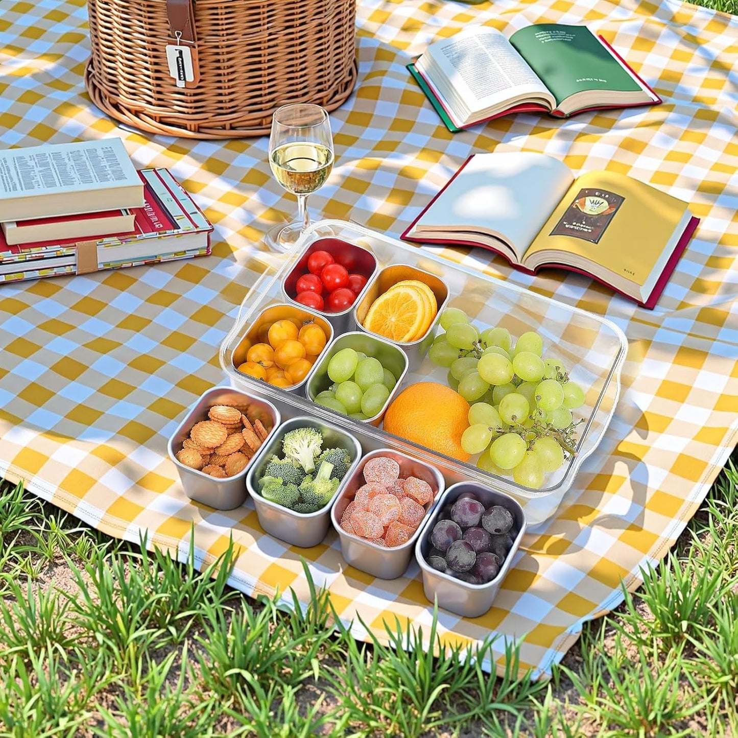 Snackle Box Container, 304 Stainless Steel Snack Containers, Snacklebox, Divided Serving Tray with Lid and Handle, Portable Snack Tray for Beach, Road Trip, Picnic, Boat Days, Ball Games and Pool