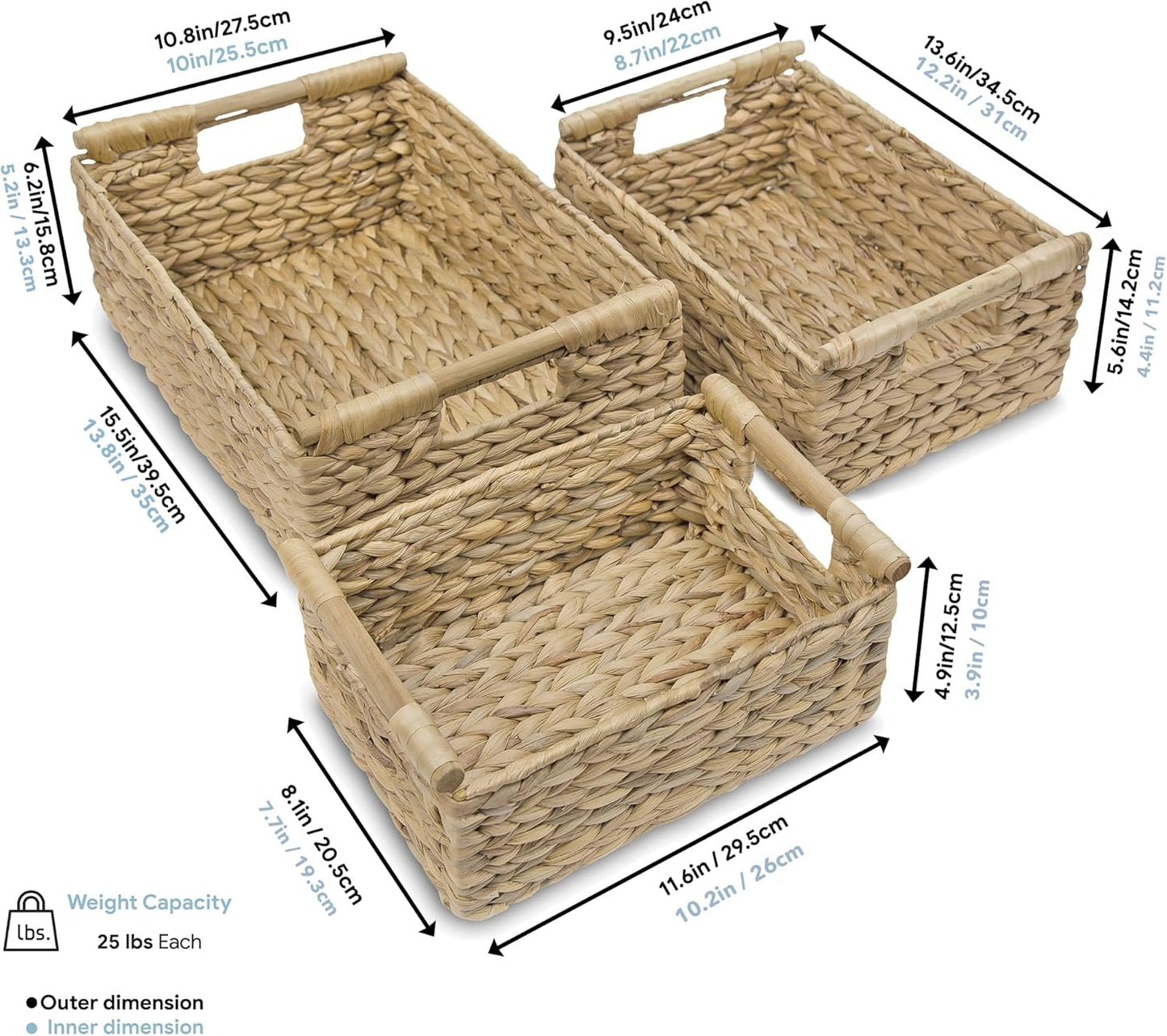 VATIMA Water Hyacinth Storage Baskets with Large Open-Front for Kitchen, Decorative for Living Room, 13.4” x 9.5” x 5.5”, 2 Pack