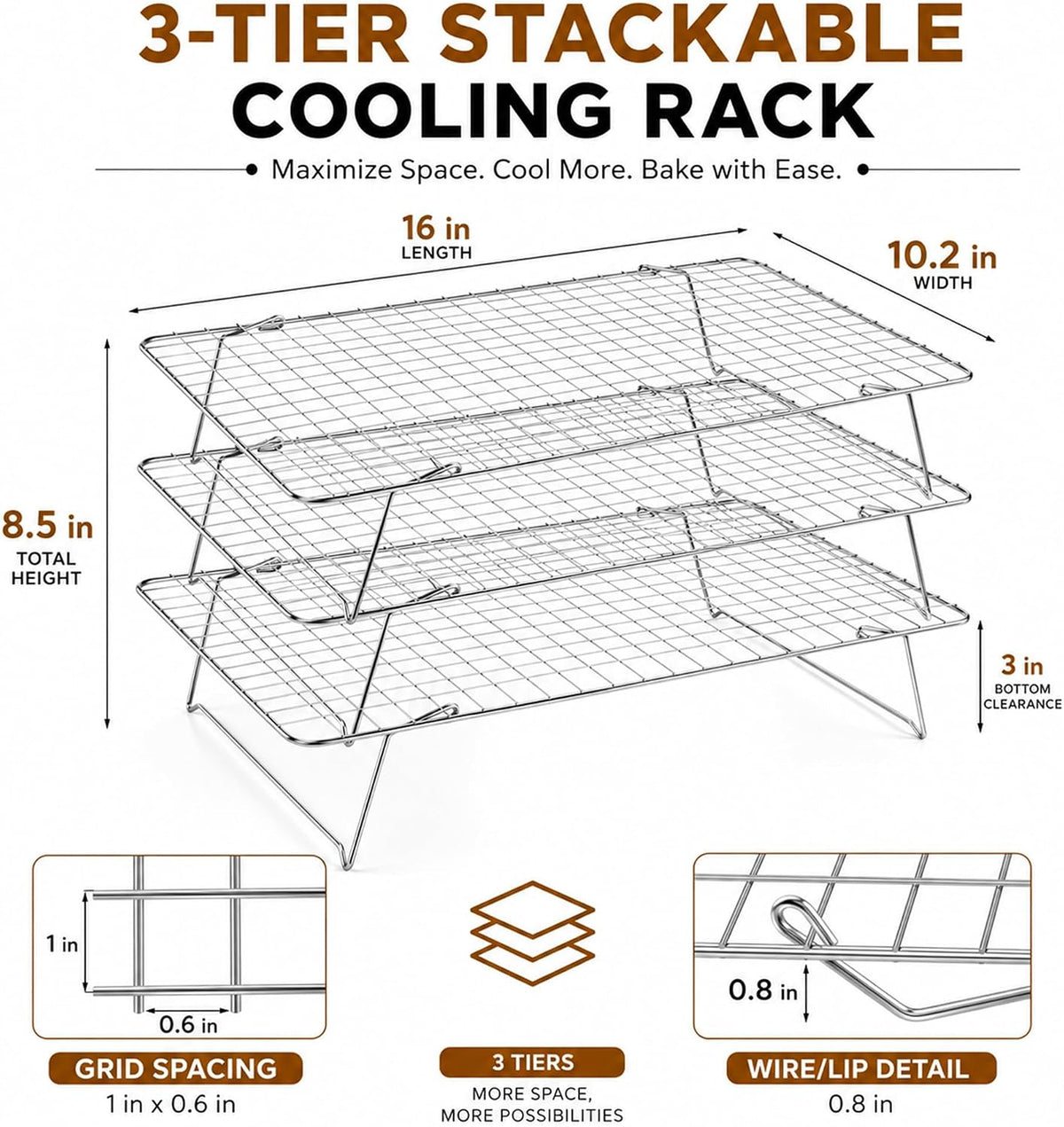 Cooling Rack 16"x10", 3-Tier Stackable & Collapsible Cooling Racks