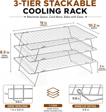 Cooling Rack 16"x10", 3-Tier Stackable & Collapsible Cooling Racks