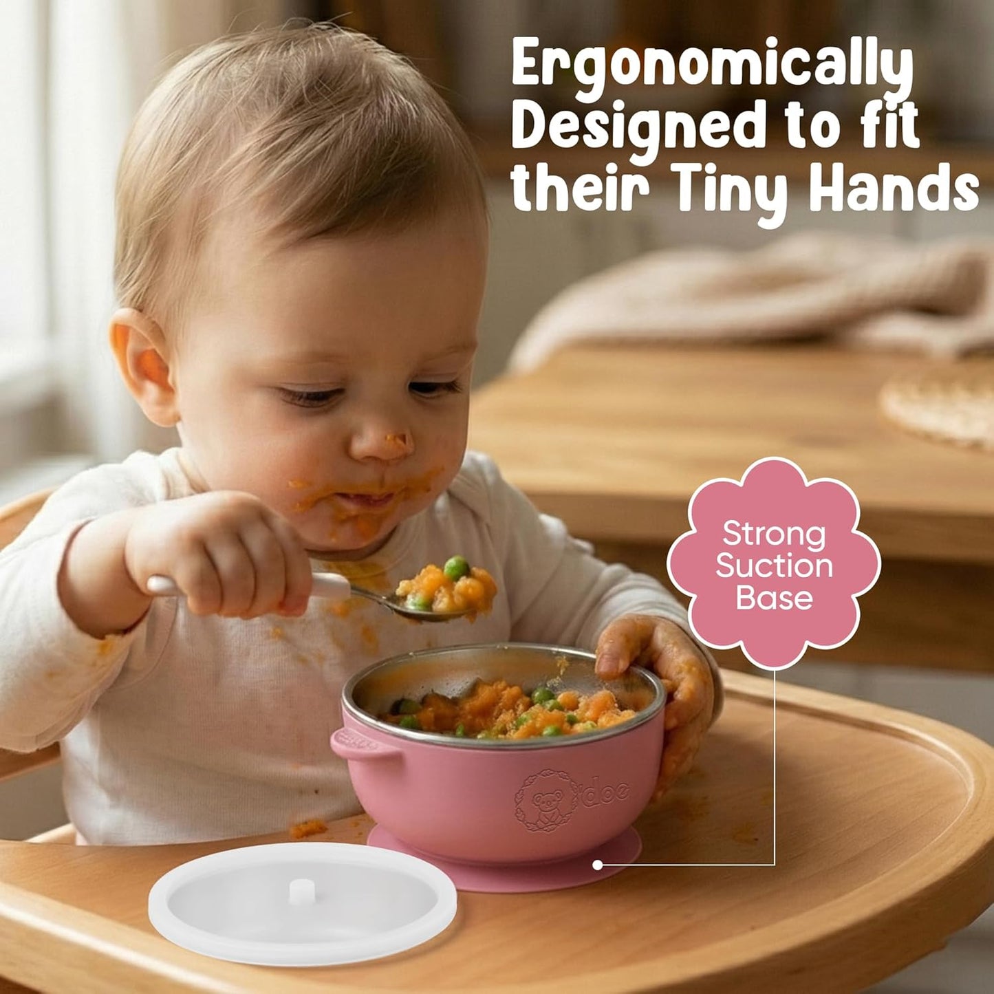 o'doe Suction Bowls for Baby - Non-Toxic Stainless Steel Baby Bowls 5" with Non-Slip Removable Silicone Shell - BPA-Free Toddler Bowls (Green + Rose + Beige)