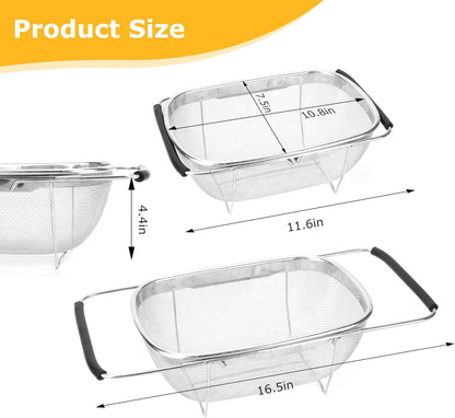 ZDRongZhen Kitchen Accessories Over the Sink Colander Strainer Basket，Stainless Steel Colander with Expandable Rubber Grip Sink Drainer-Rinse Vegetables Fruits &Strain&Drain (Large-Fine mesh)