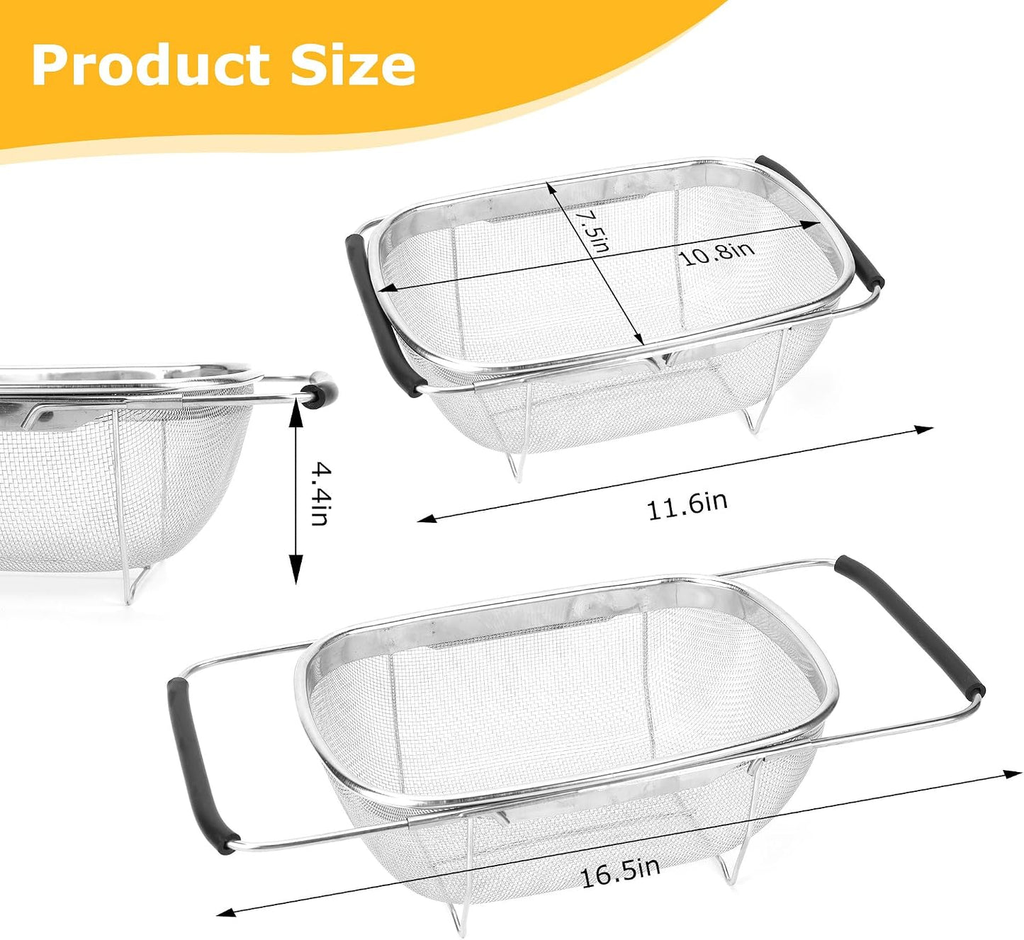 ZDRongZhen Kitchen Accessories Over the Sink Colander Strainer Basket，Stainless Steel Colander with Expandable Rubber Grip Sink Drainer-Rinse Vegetables Fruits &Strain&Drain (Large-Fine mesh)