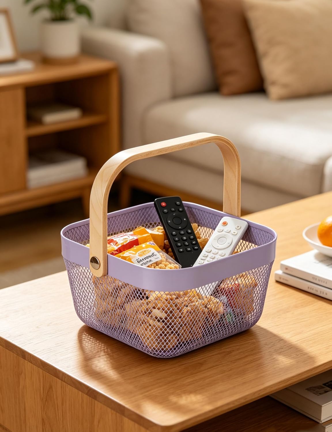 AJIODA Metal Mesh Wire Basket, Large Steel Basket with Wooden Handle Storage Organizer Basket Multi-functional Hanging Kitchen Baskets Fruit Baskets for Kitchen Bathroom Cabinet Pantry Snacks, Black