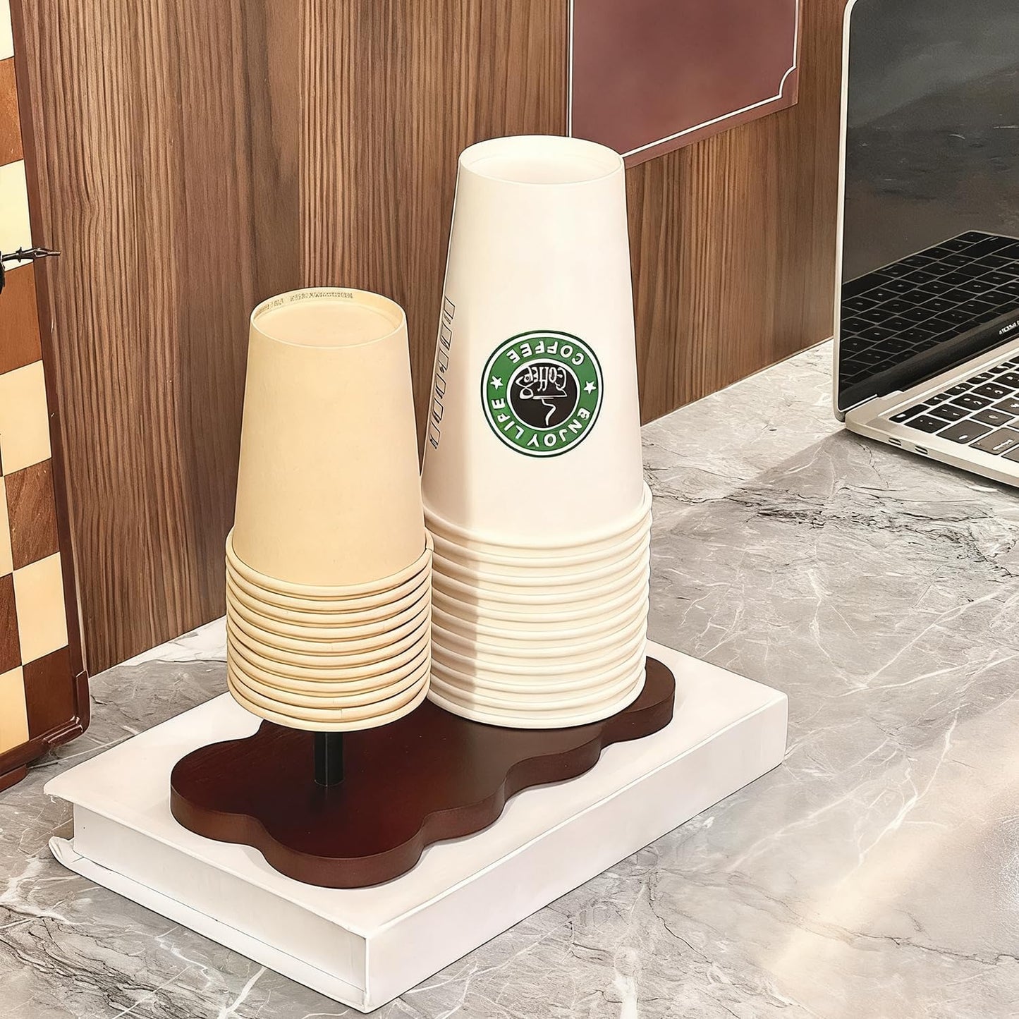 Wood Disposable Cup Dispenser for Countertop | Stylish Bathroom Cup Holder - Perfect for Plastic Mouthwash Cup Storage Organizer,Coffee Paper Cups and Kitchen,Take Out Cup Carriers for Party