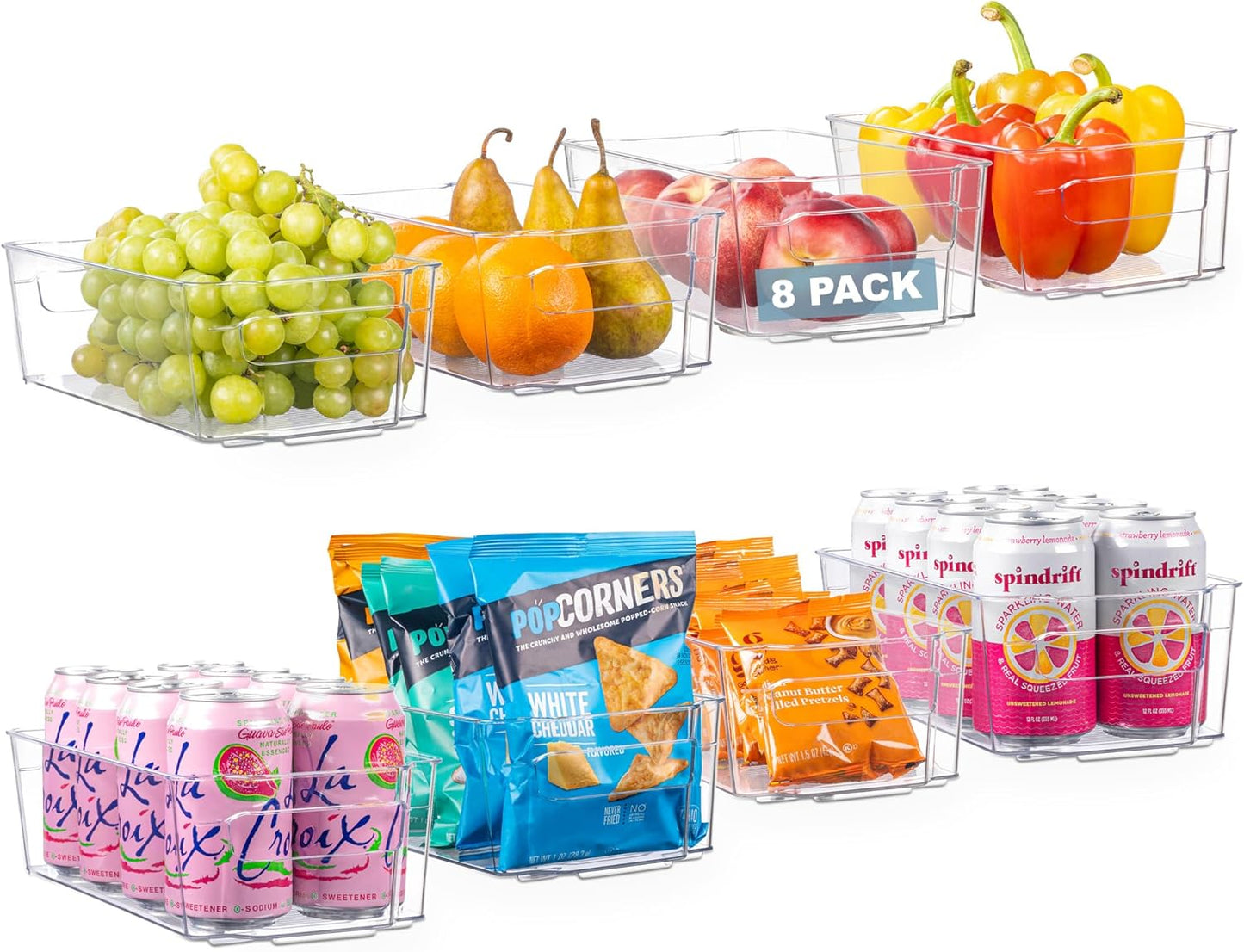 Oizeir Clear Pantry Organizer Bins 8-Pack - Fridge Organizer with 3 Removable Dividers, Ideal for Kitchen, Pantry, Refrigerator, Freezer, and Snack Storage
